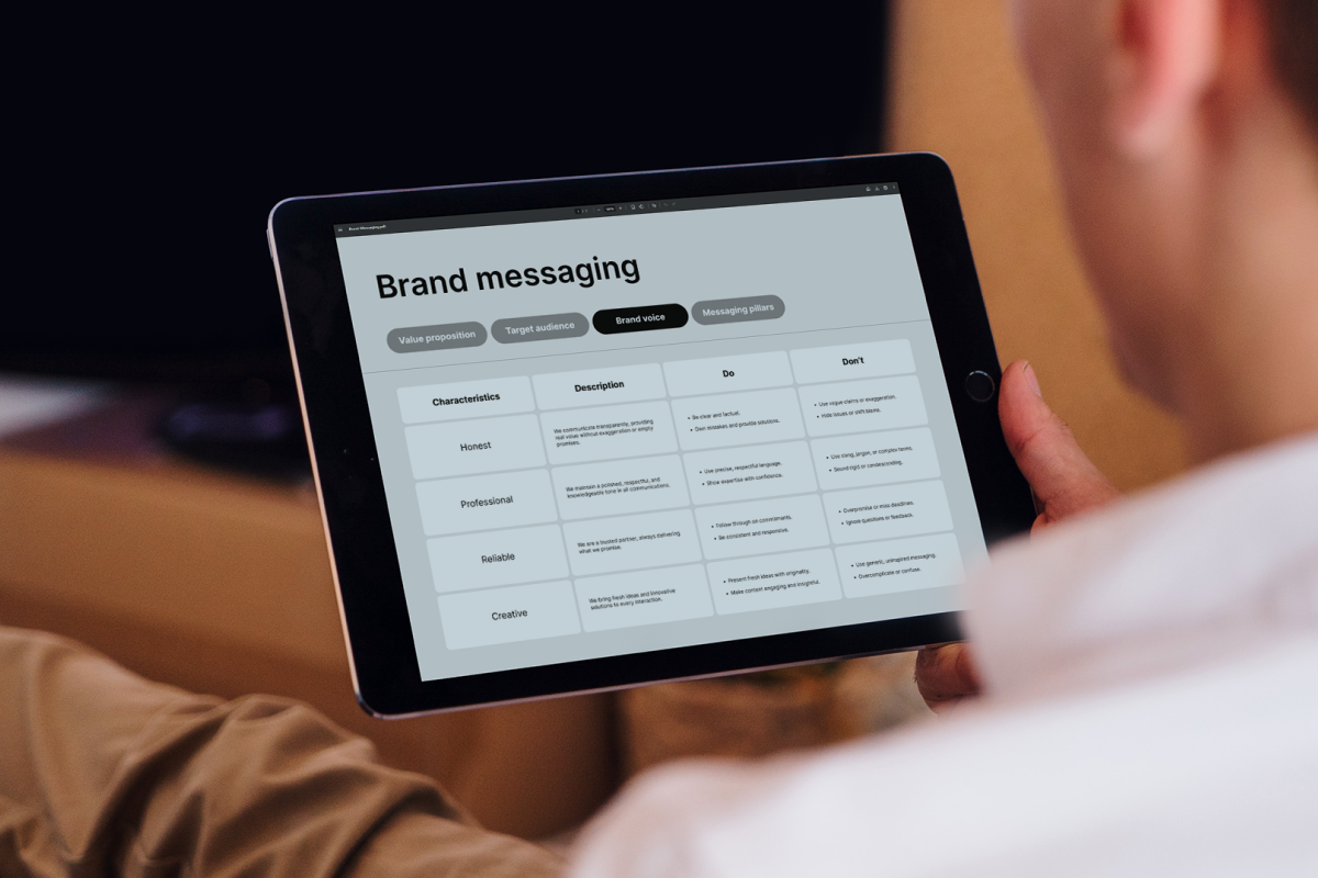 Tablet with a brand messaging slide